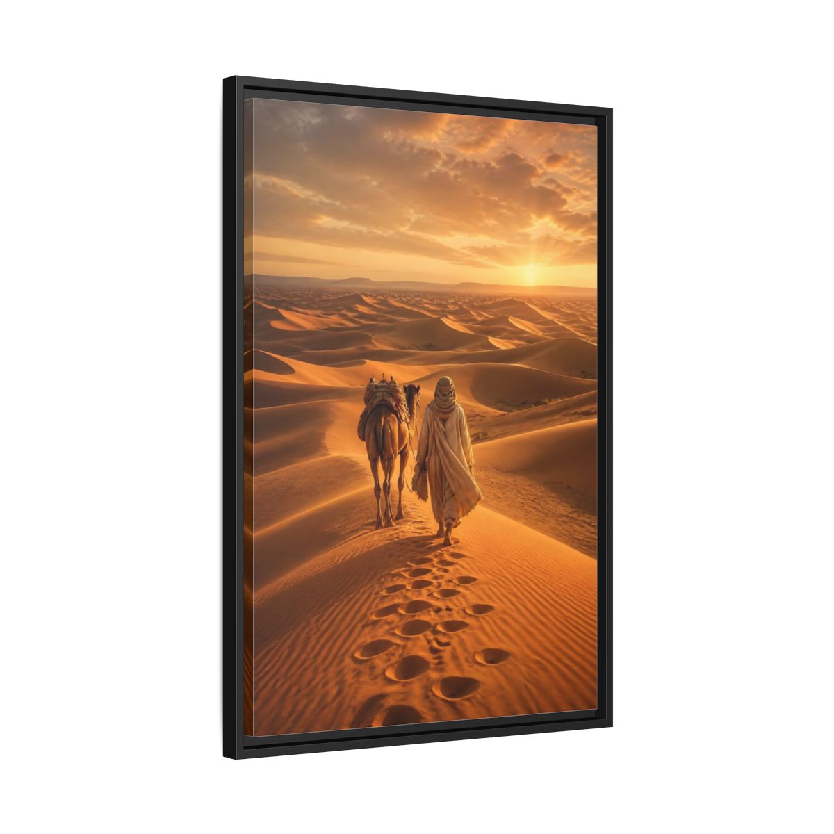 Nature Desert Caravan Sunset Framed Canvas Wall Art - Living Room, Above Couch, Orange shown as canvas wall art