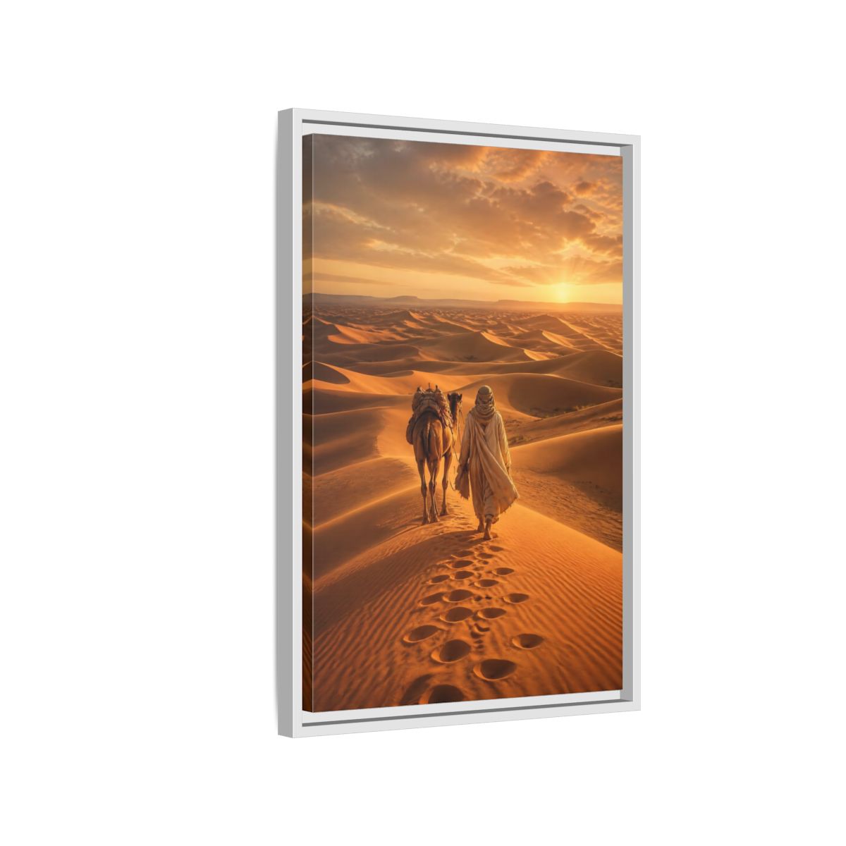 Nature Desert Caravan Sunset Framed Canvas Wall Art - Living Room, Above Couch, Orange shown as canvas wall art