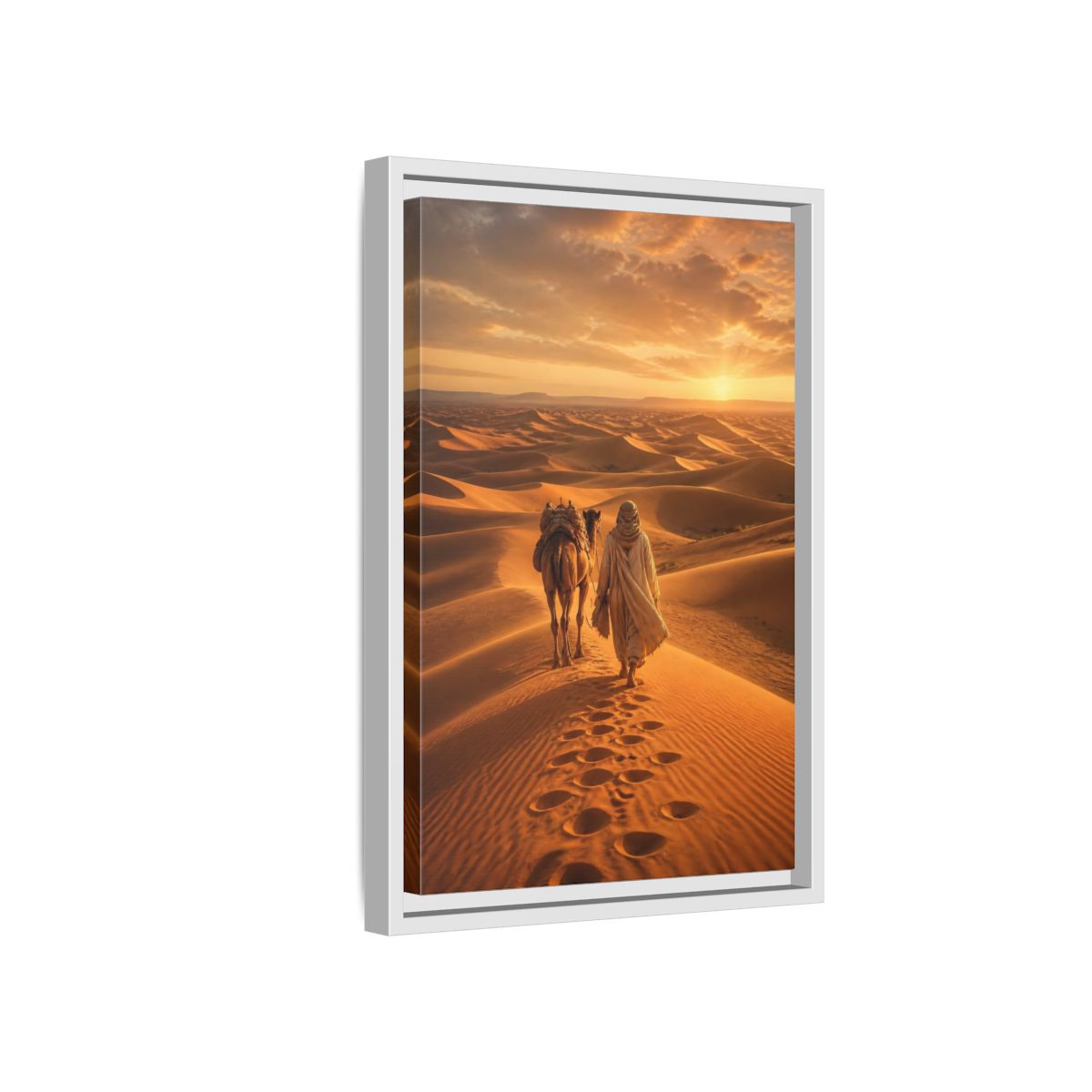Nature Desert Caravan Sunset Framed Canvas Wall Art - Living Room, Above Couch, Orange shown as canvas wall art
