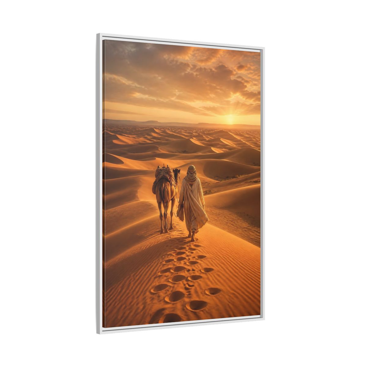 Nature Desert Caravan Sunset Framed Canvas Wall Art - Living Room, Above Couch, Orange shown as canvas wall art