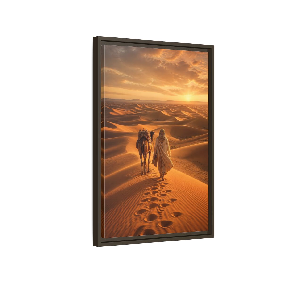 Nature Desert Caravan Sunset Framed Canvas Wall Art - Living Room, Above Couch, Orange shown as canvas wall art