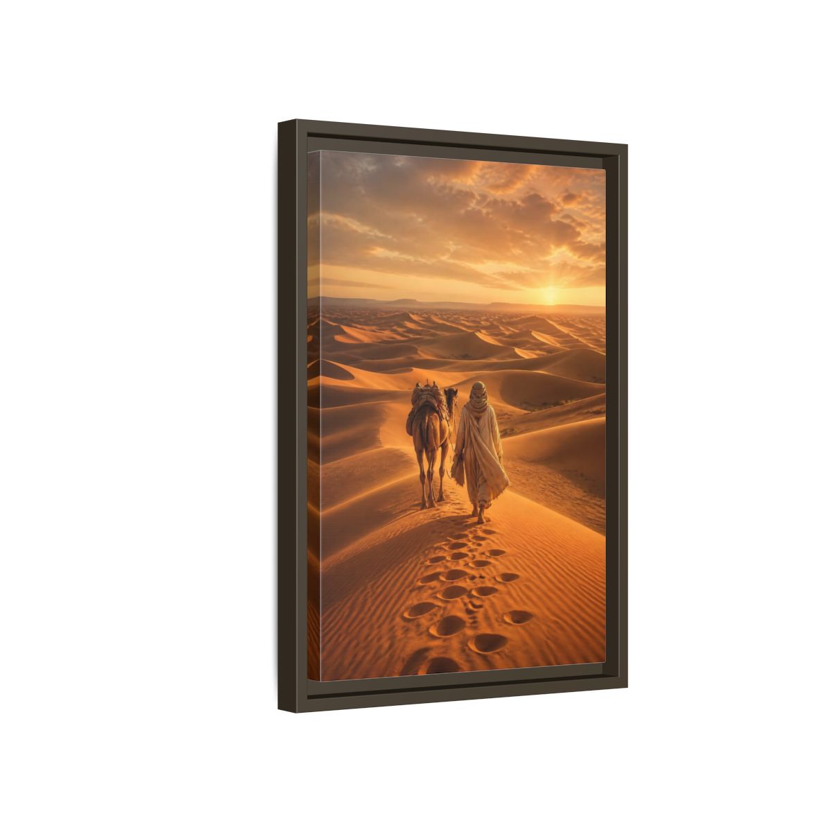 Nature Desert Caravan Sunset Framed Canvas Wall Art - Living Room, Above Couch, Orange shown as canvas wall art