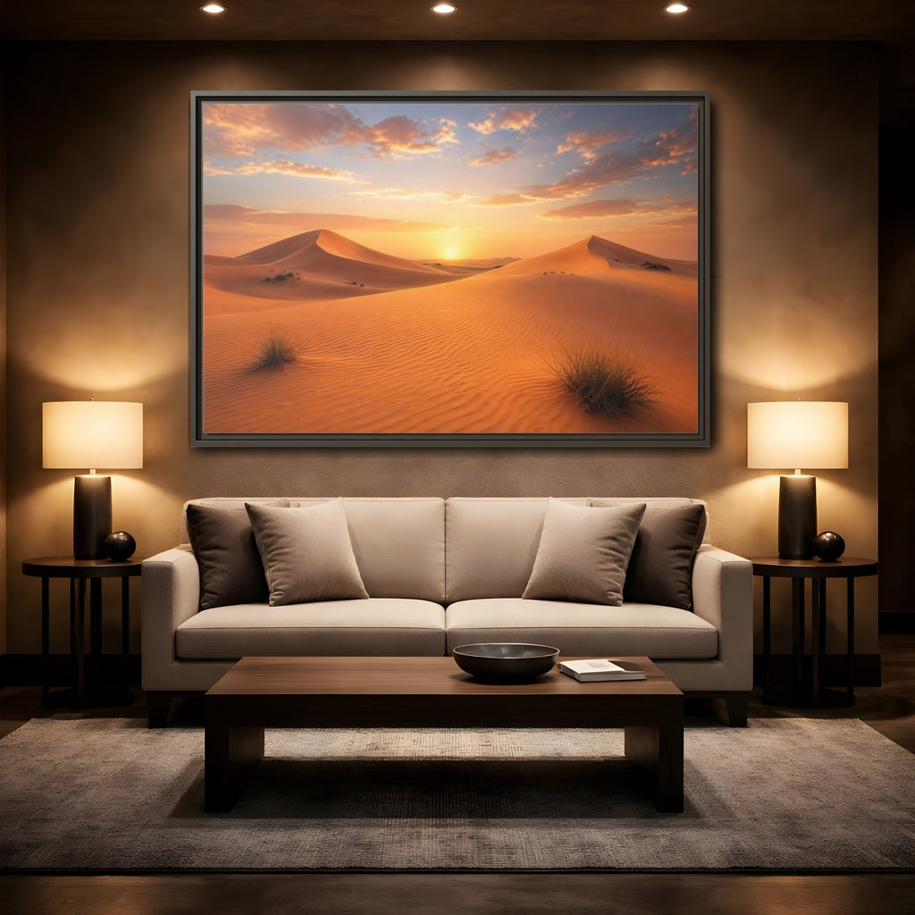 Mockup 2. Nature Desert Dunes Desert Sunset Orange shown as stretched canvas wall art