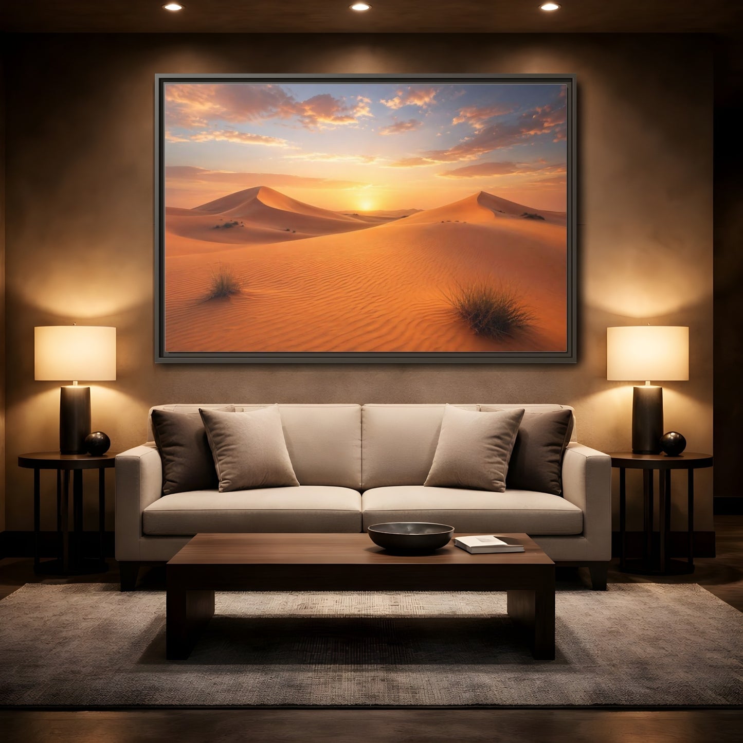 Mockup 2. Nature Desert Dunes Desert Sunset Orange shown as stretched canvas wall art