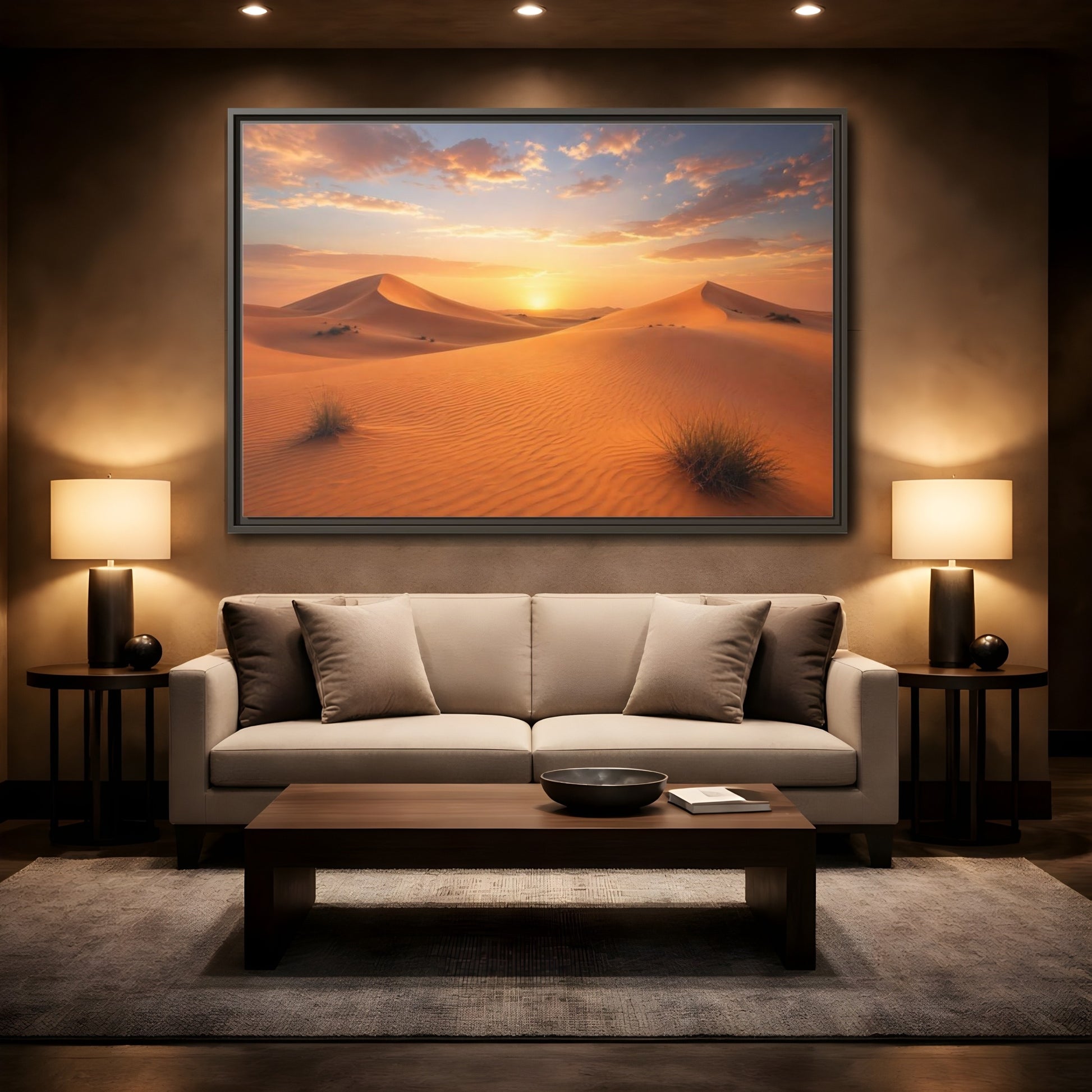 Mockup 2. Nature Desert Dunes Desert Sunset Orange shown as stretched canvas wall art
