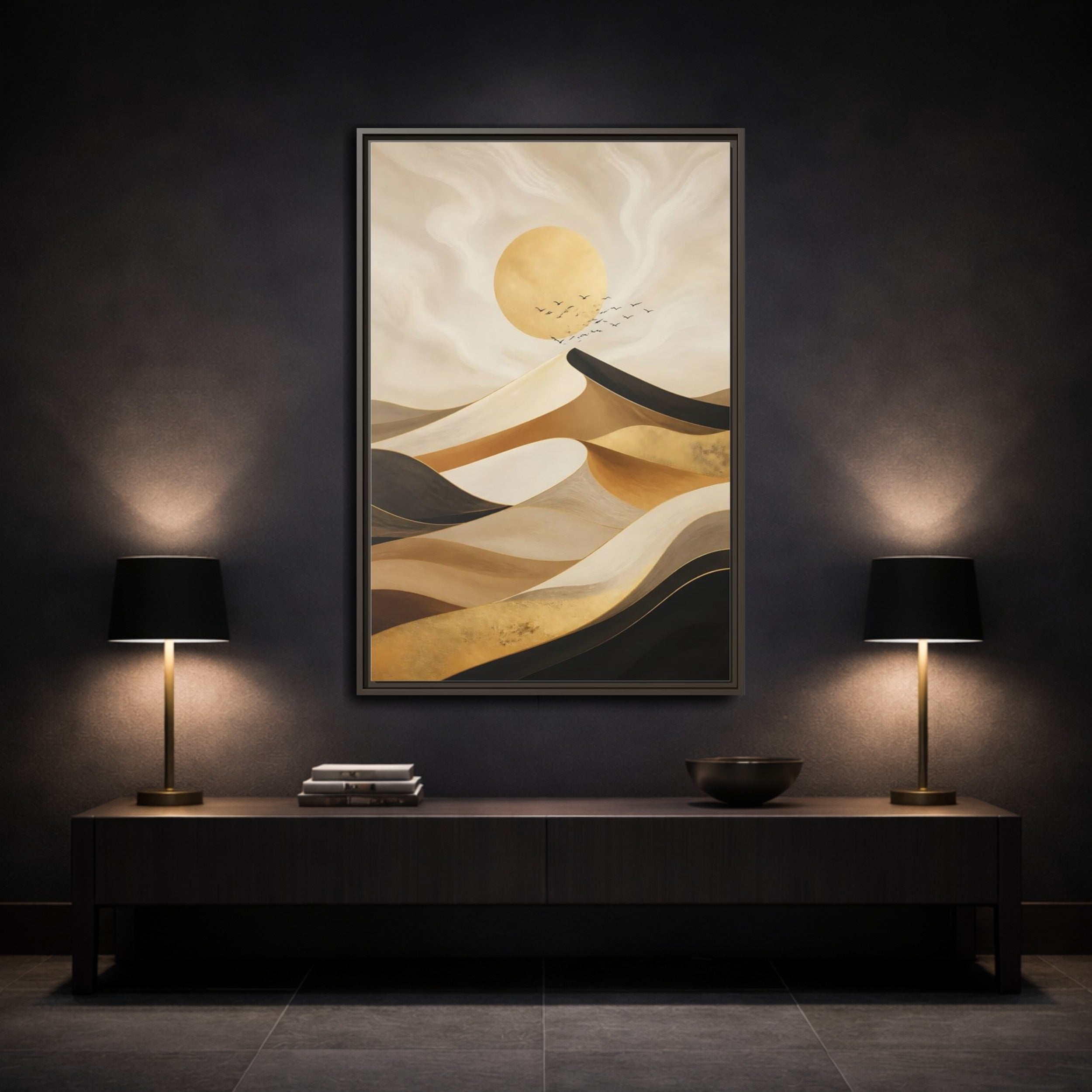 Mockup 3. Nature Desert Dunes Gold Desert Dunes shown as stretched canvas wall art