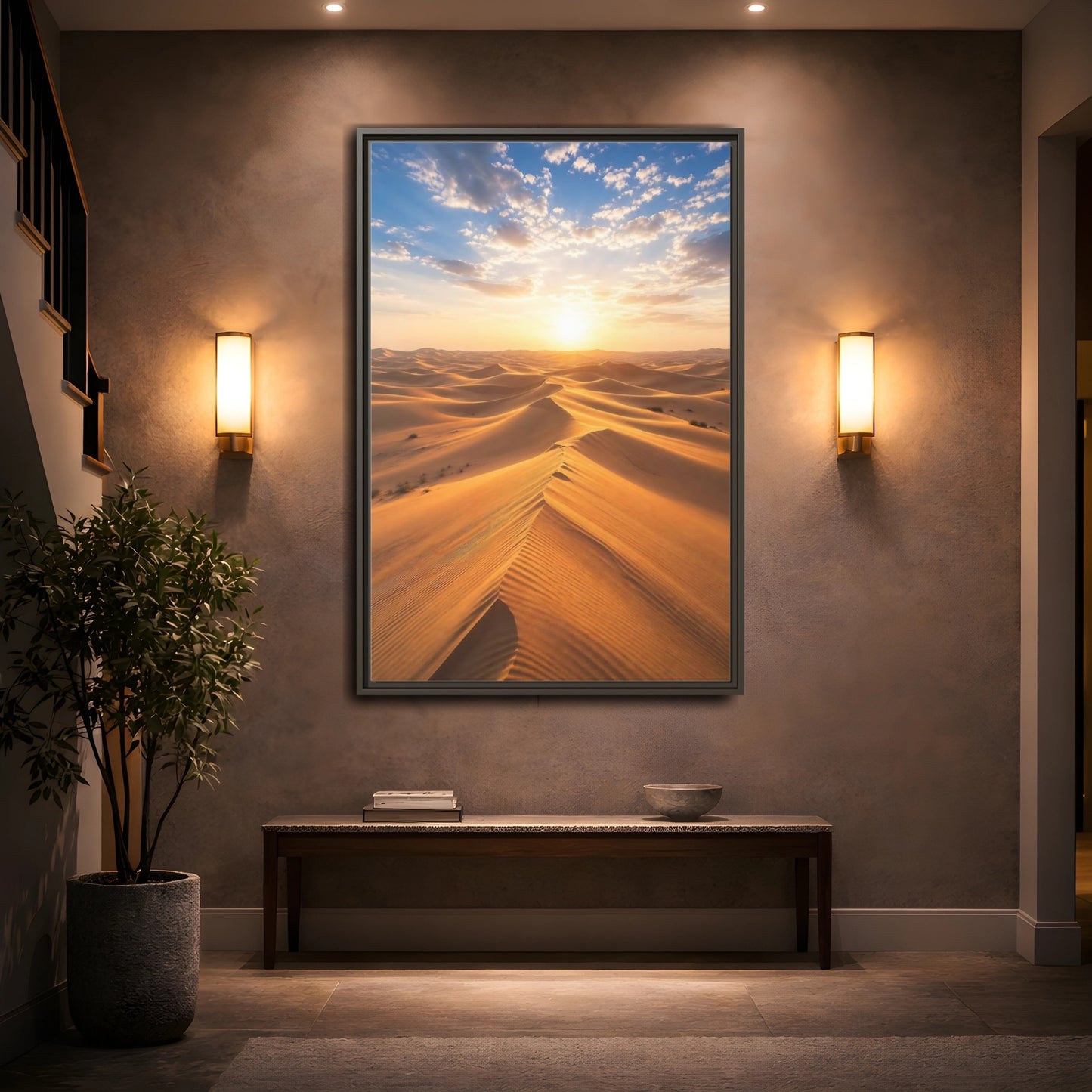 Mockup 2. Nature Desert Dunes Golden Desert Sunset shown as stretched canvas wall art
