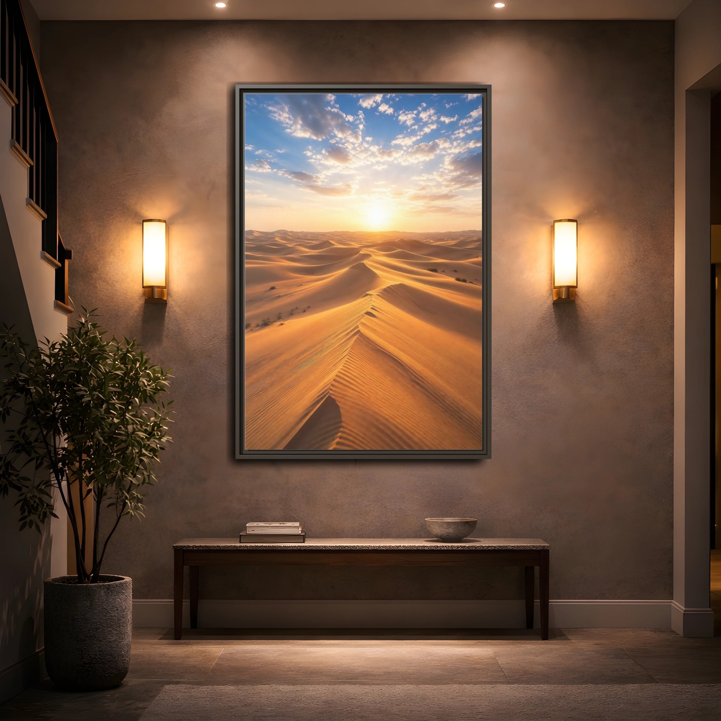 Mockup 2. Nature Desert Dunes Golden Desert Sunset shown as stretched canvas wall art