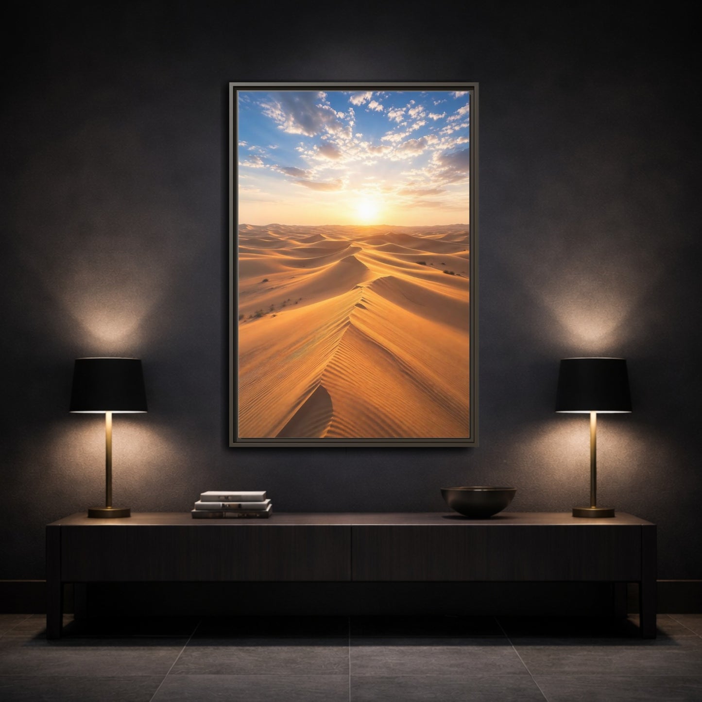 Mockup 3. Nature Desert Dunes Golden Desert Sunset shown as stretched canvas wall art