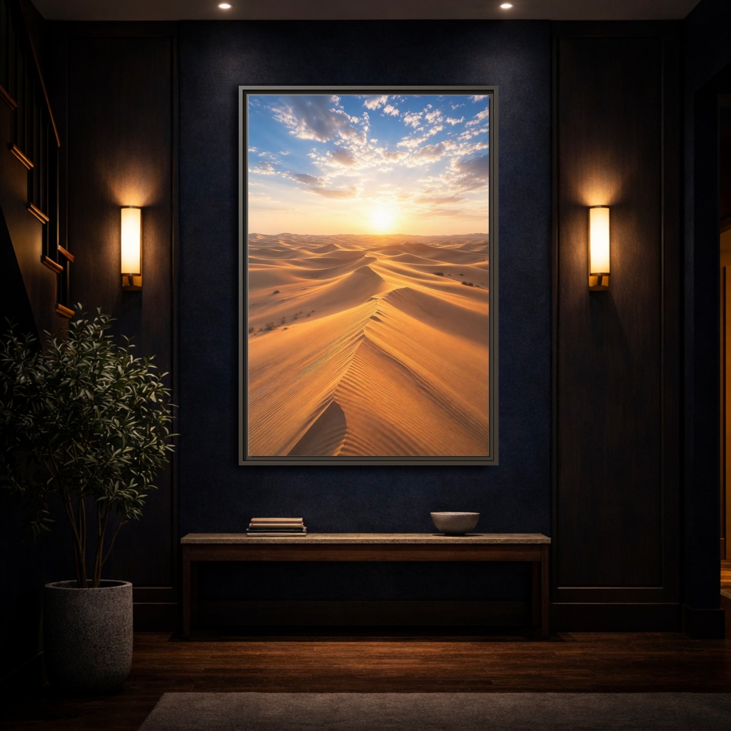 Mockup 4. Nature Desert Dunes Golden Desert Sunset shown as stretched canvas wall art
