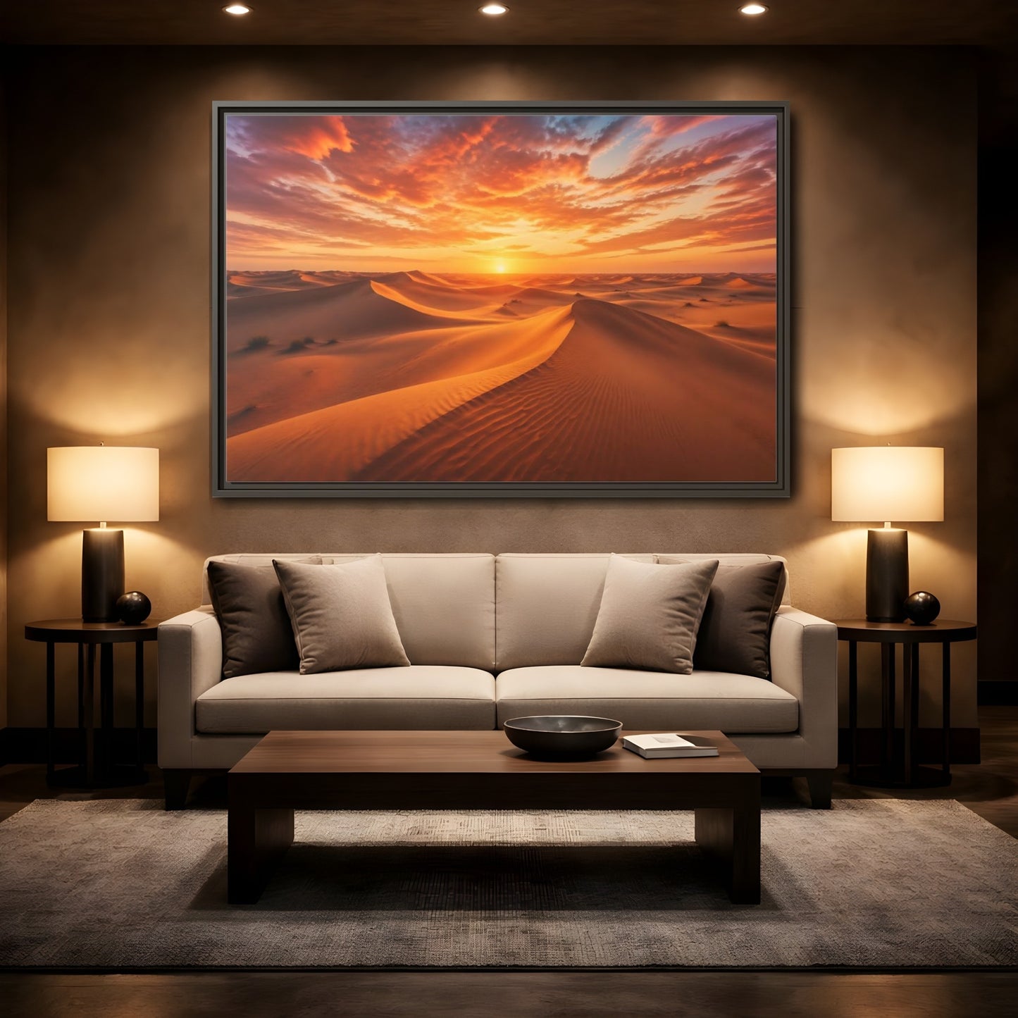 Mockup 2. Nature Desert Dunes Orange Desert Sunset shown as stretched canvas wall art