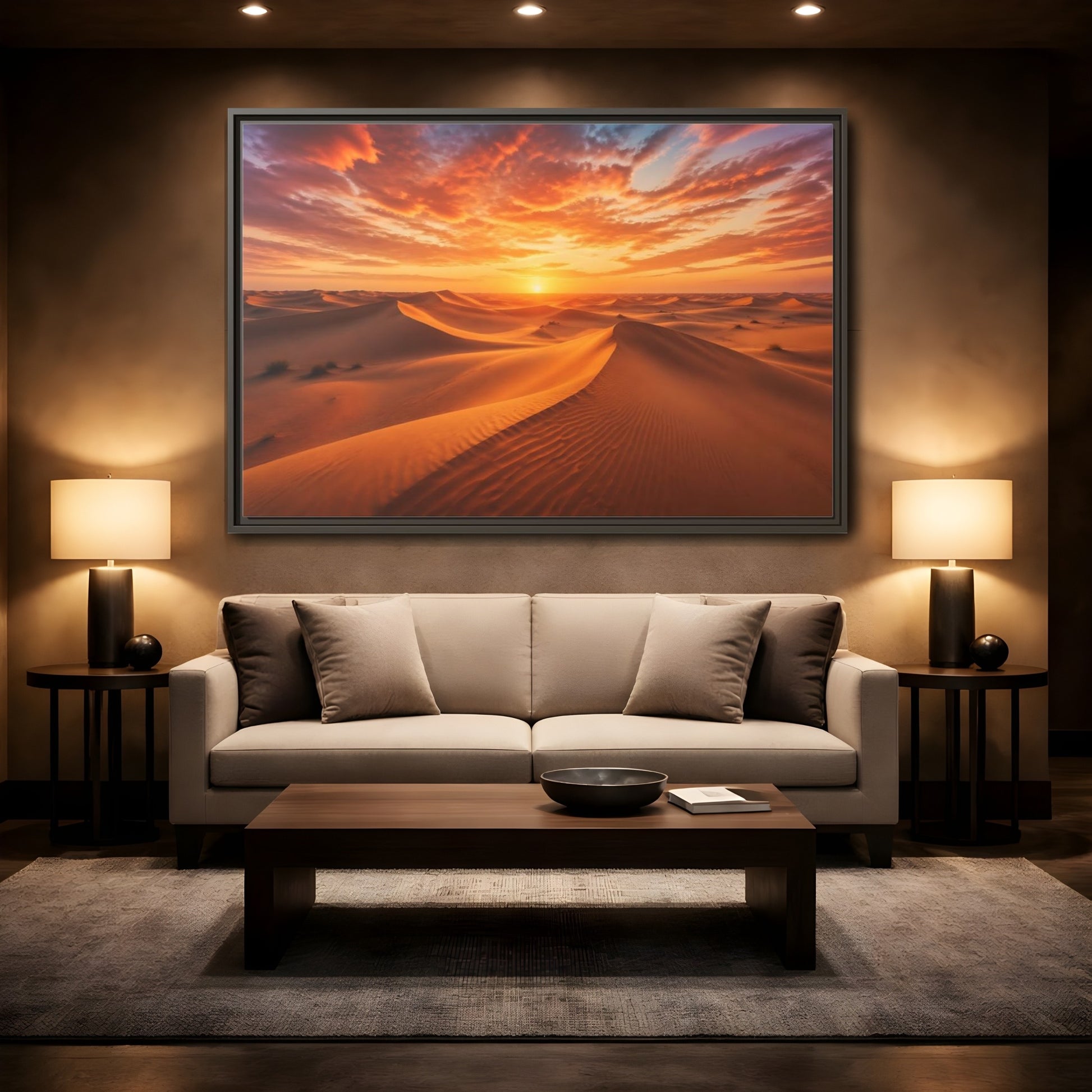 Mockup 2. Nature Desert Dunes Orange Desert Sunset shown as stretched canvas wall art