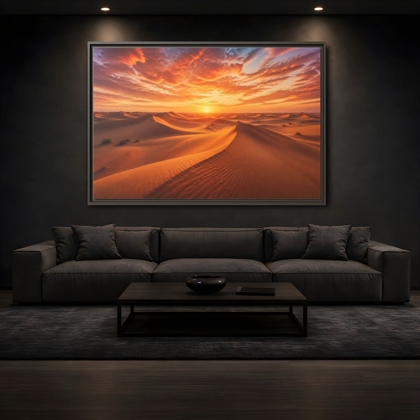Mockup 3. Nature Desert Dunes Orange Desert Sunset shown as stretched canvas wall art