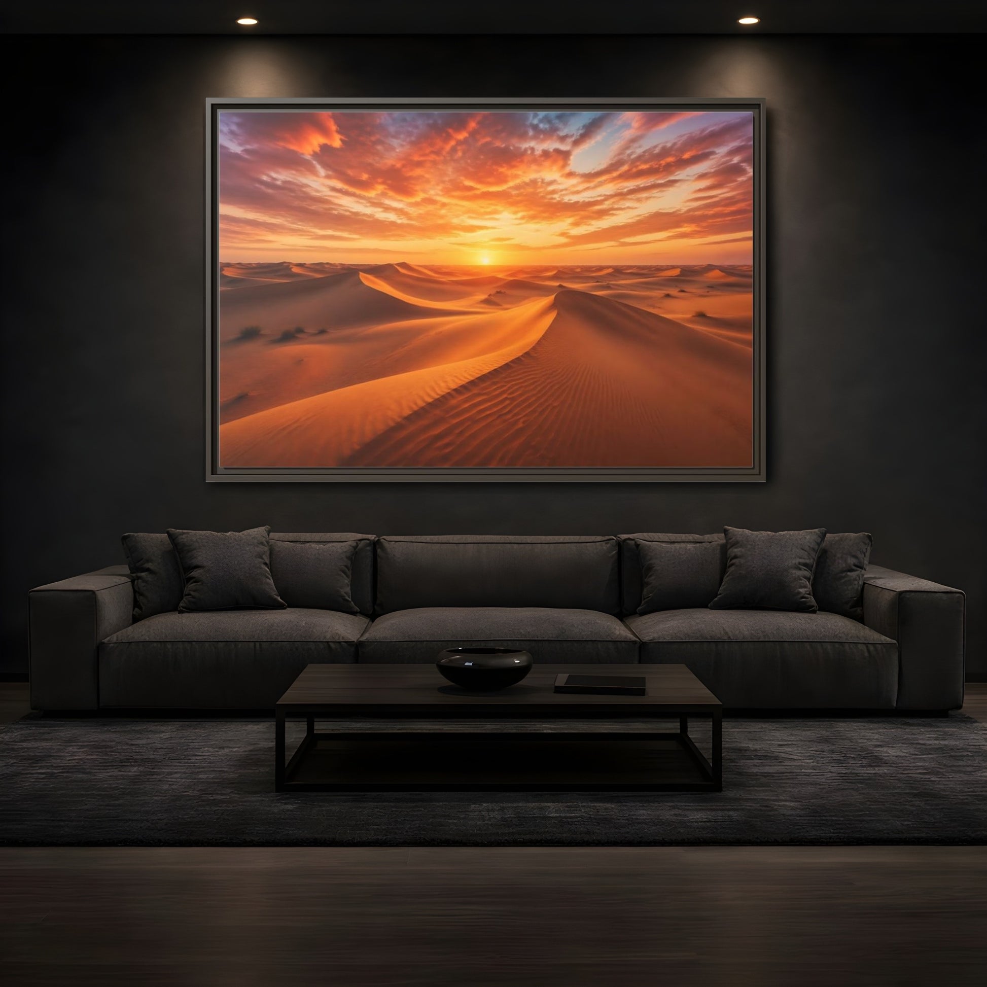 Mockup 3. Nature Desert Dunes Orange Desert Sunset shown as stretched canvas wall art