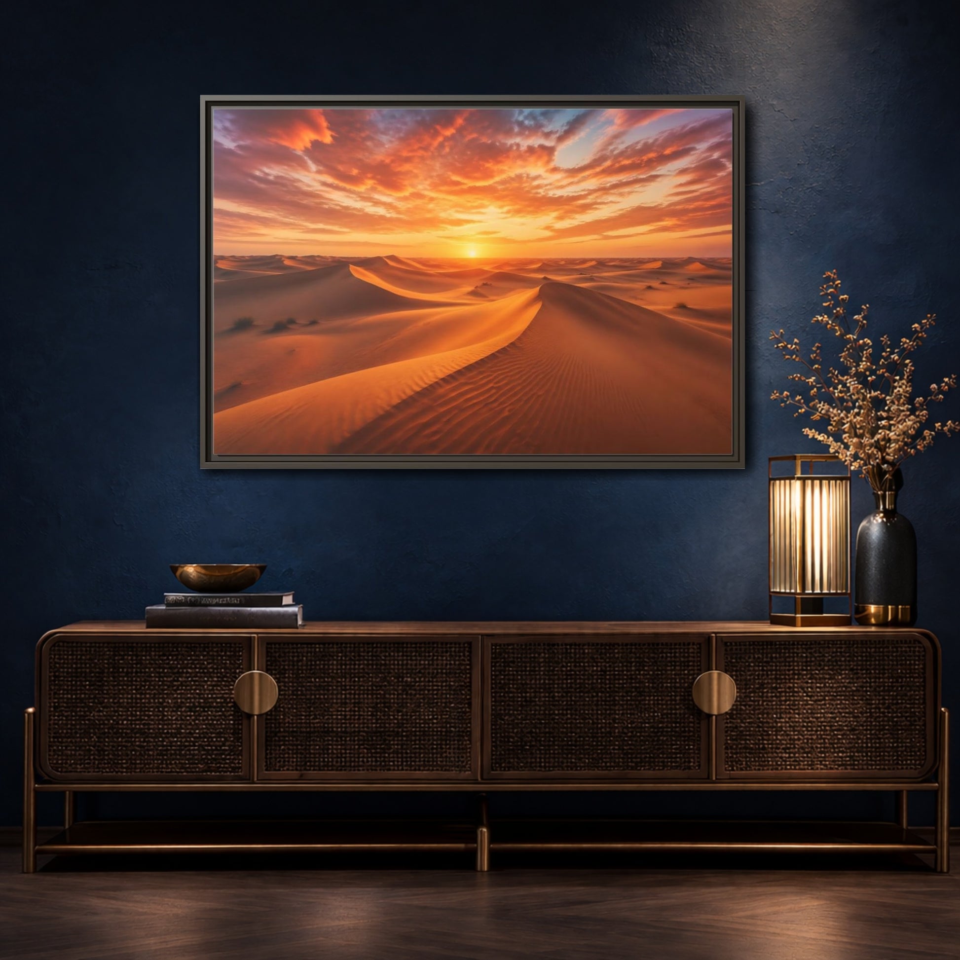 Mockup 4. Nature Desert Dunes Orange Desert Sunset shown as stretched canvas wall art