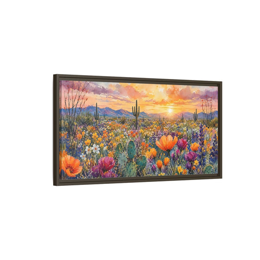 Main Mockup. Nature Desert Flowers Vibrant Desert Sunset shown as stretched canvas wall art