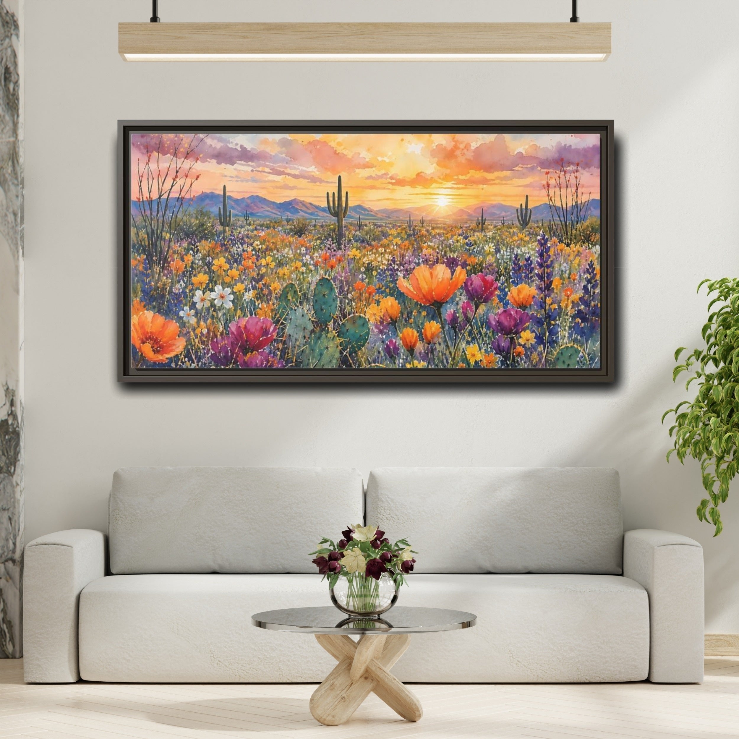 Mockup 2. Nature Desert Flowers Vibrant Desert Sunset shown as stretched canvas wall art