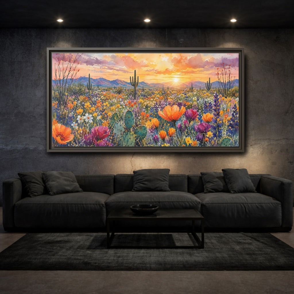 Mockup 3. Nature Desert Flowers Vibrant Desert Sunset shown as stretched canvas wall art