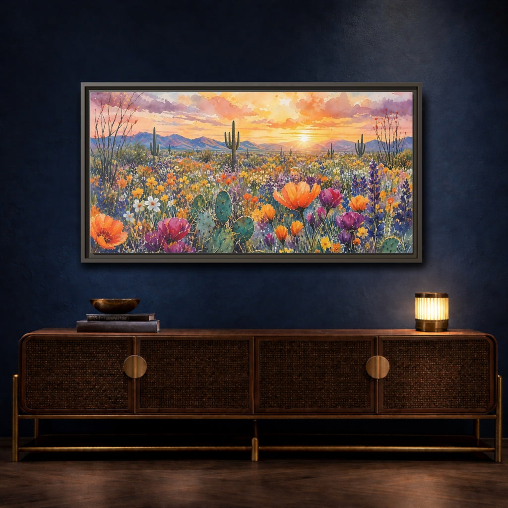 Mockup 4. Nature Desert Flowers Vibrant Desert Sunset shown as stretched canvas wall art