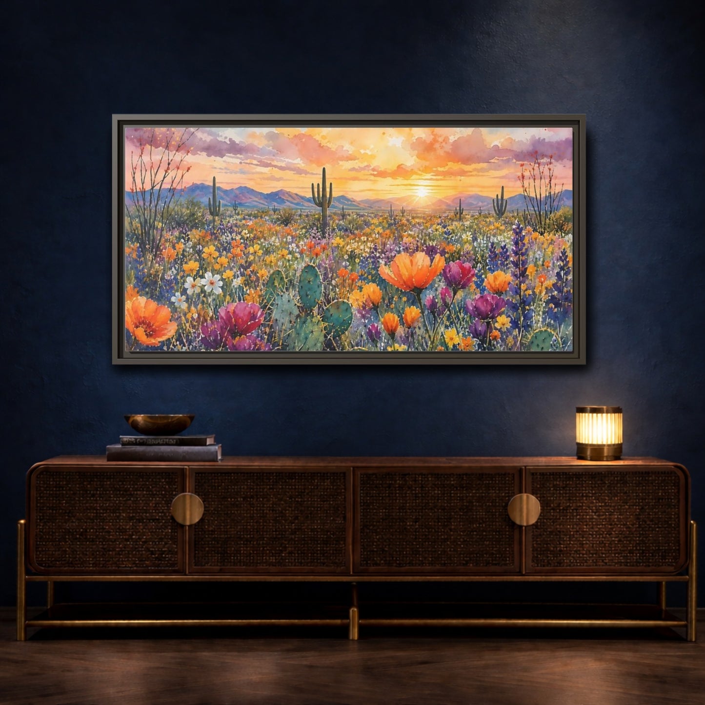 Mockup 4. Nature Desert Flowers Vibrant Desert Sunset shown as stretched canvas wall art