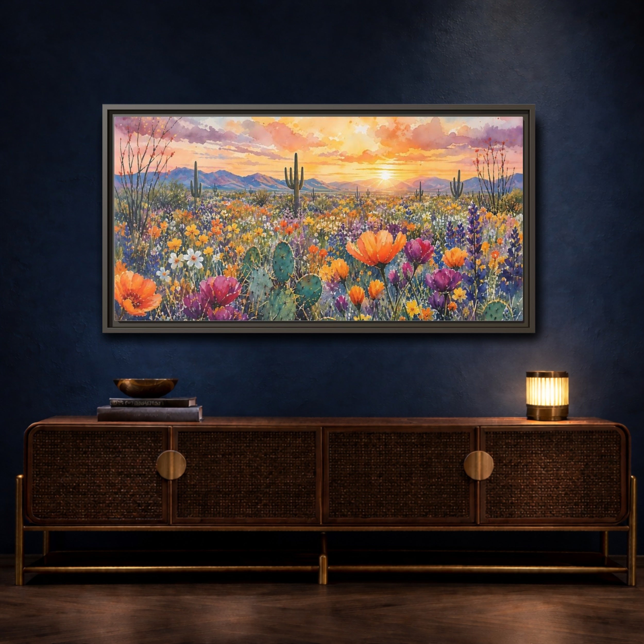 Mockup 4. Nature Desert Flowers Vibrant Desert Sunset shown as stretched canvas wall art