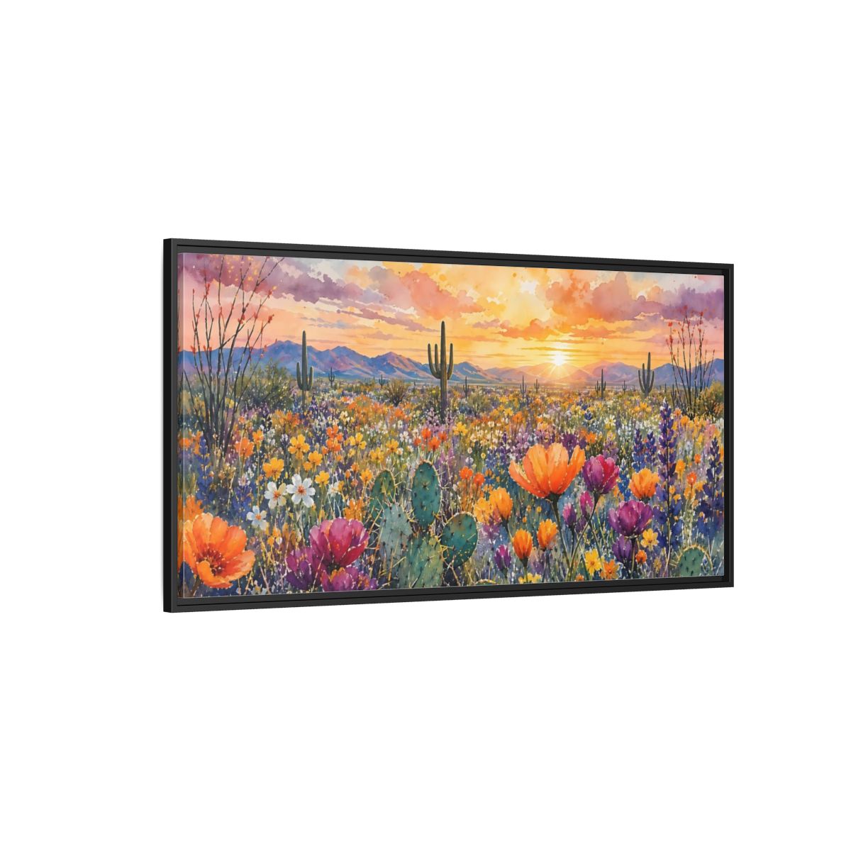 Side Mockup 5. Nature Desert Flowers Vibrant Desert Sunset shown as stretched canvas wall art