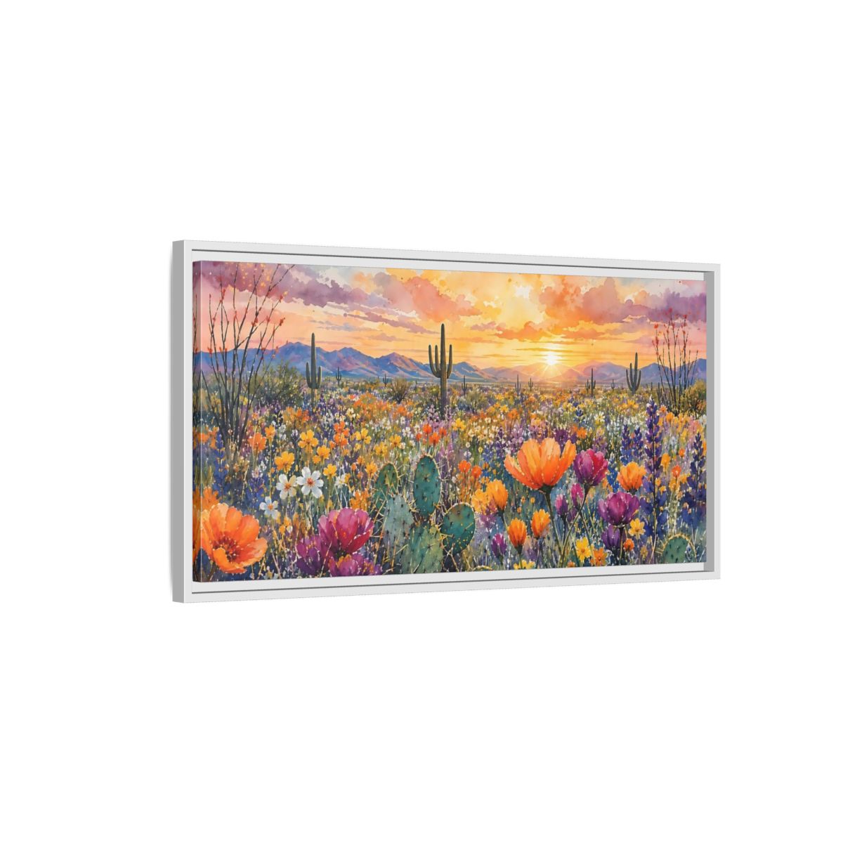 Side Mockup 1. Nature Desert Flowers Vibrant Desert Sunset shown as stretched canvas wall art