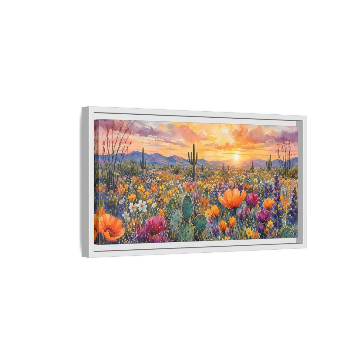 Side Mockup 6. Nature Desert Flowers Vibrant Desert Sunset shown as stretched canvas wall art