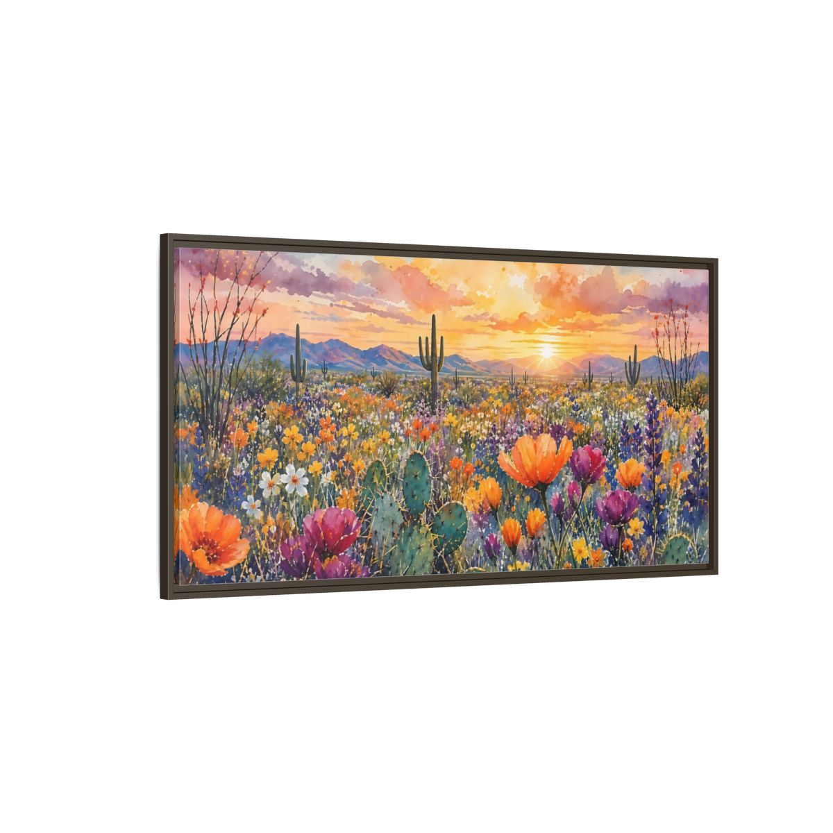 Side Mockup 4. Nature Desert Flowers Vibrant Desert Sunset shown as stretched canvas wall art