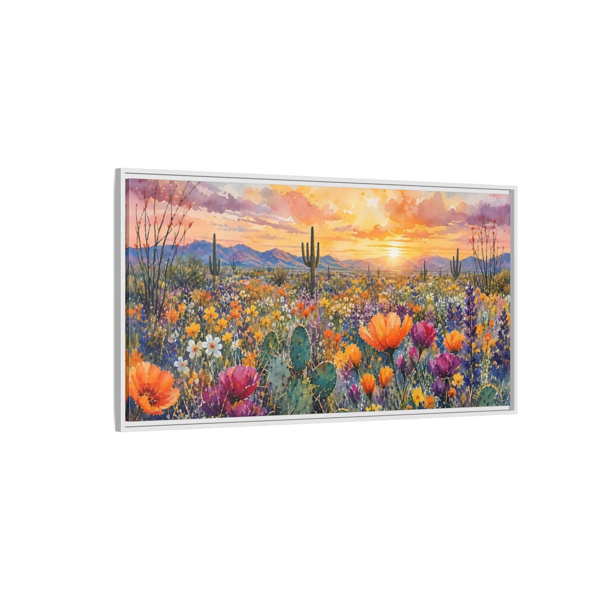 Side Mockup 3. Nature Desert Flowers Vibrant Desert Sunset shown as stretched canvas wall art