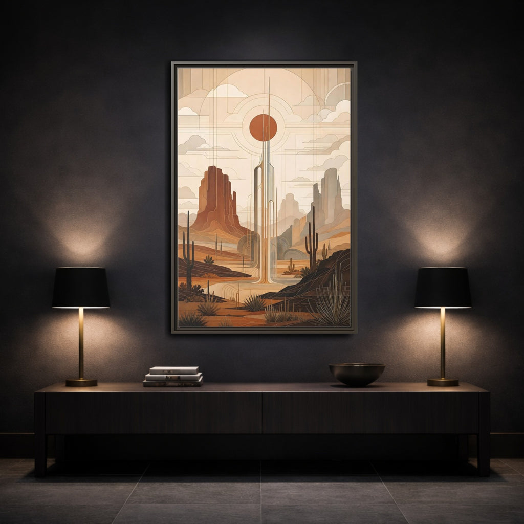 Mockup 3. Nature Desert Landscape Art Deco Desert shown as stretched canvas wall art