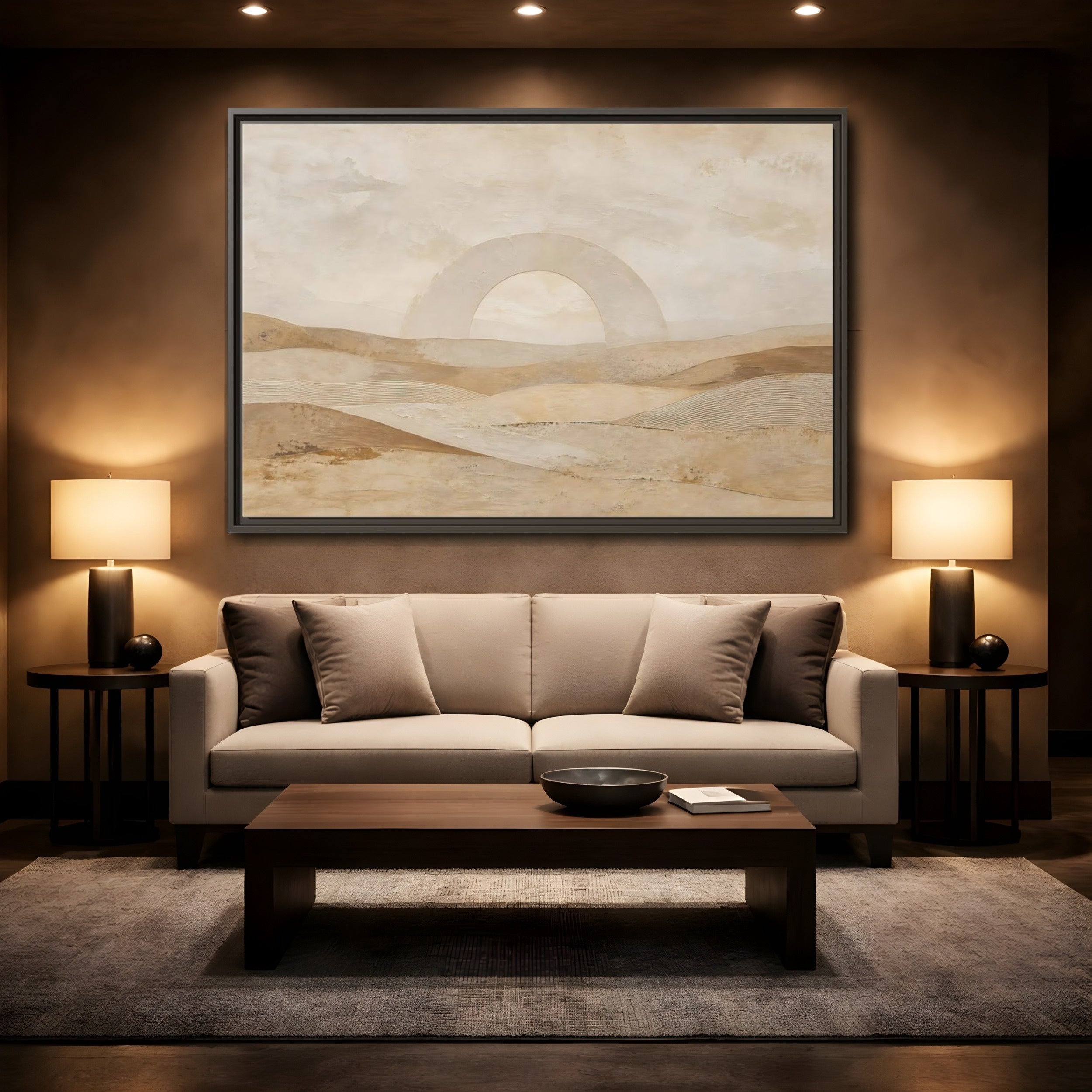 Mockup 2. Nature Desert Landscape Beige And Tan shown as stretched canvas wall art