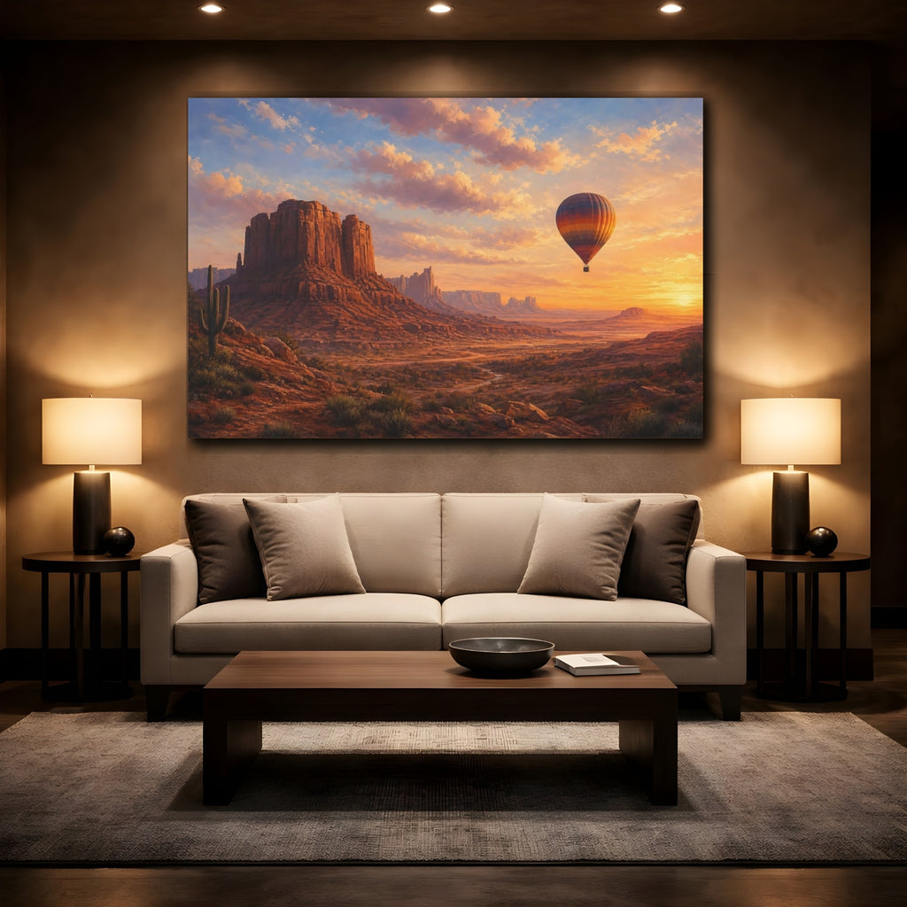 Mockup 2. Nature Desert Landscape Desert Hot Air Balloon shown as stretched canvas wall art