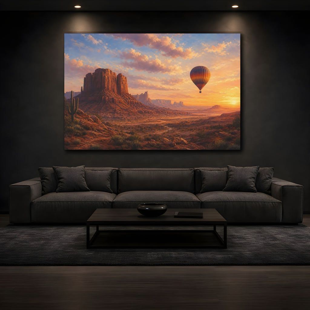 Mockup 3. Nature Desert Landscape Desert Hot Air Balloon shown as stretched canvas wall art