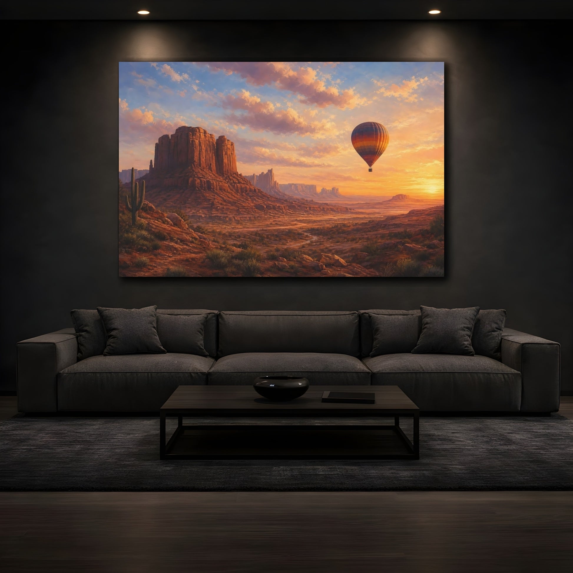 Mockup 3. Nature Desert Landscape Desert Hot Air Balloon shown as stretched canvas wall art