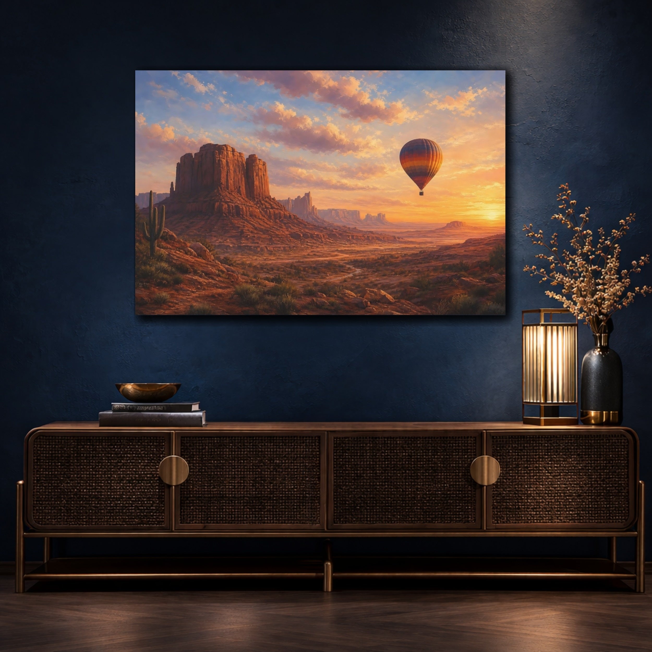 Mockup 4. Nature Desert Landscape Desert Hot Air Balloon shown as stretched canvas wall art