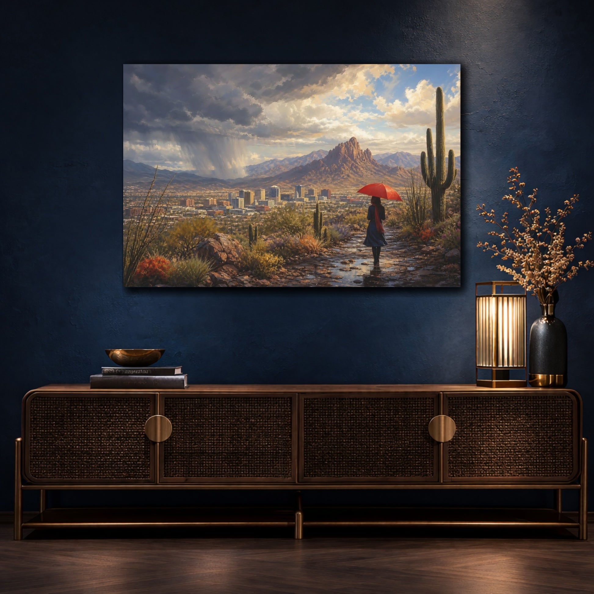 Mockup 4. Nature Desert Landscape Desert Red Umbrella shown as stretched canvas wall art