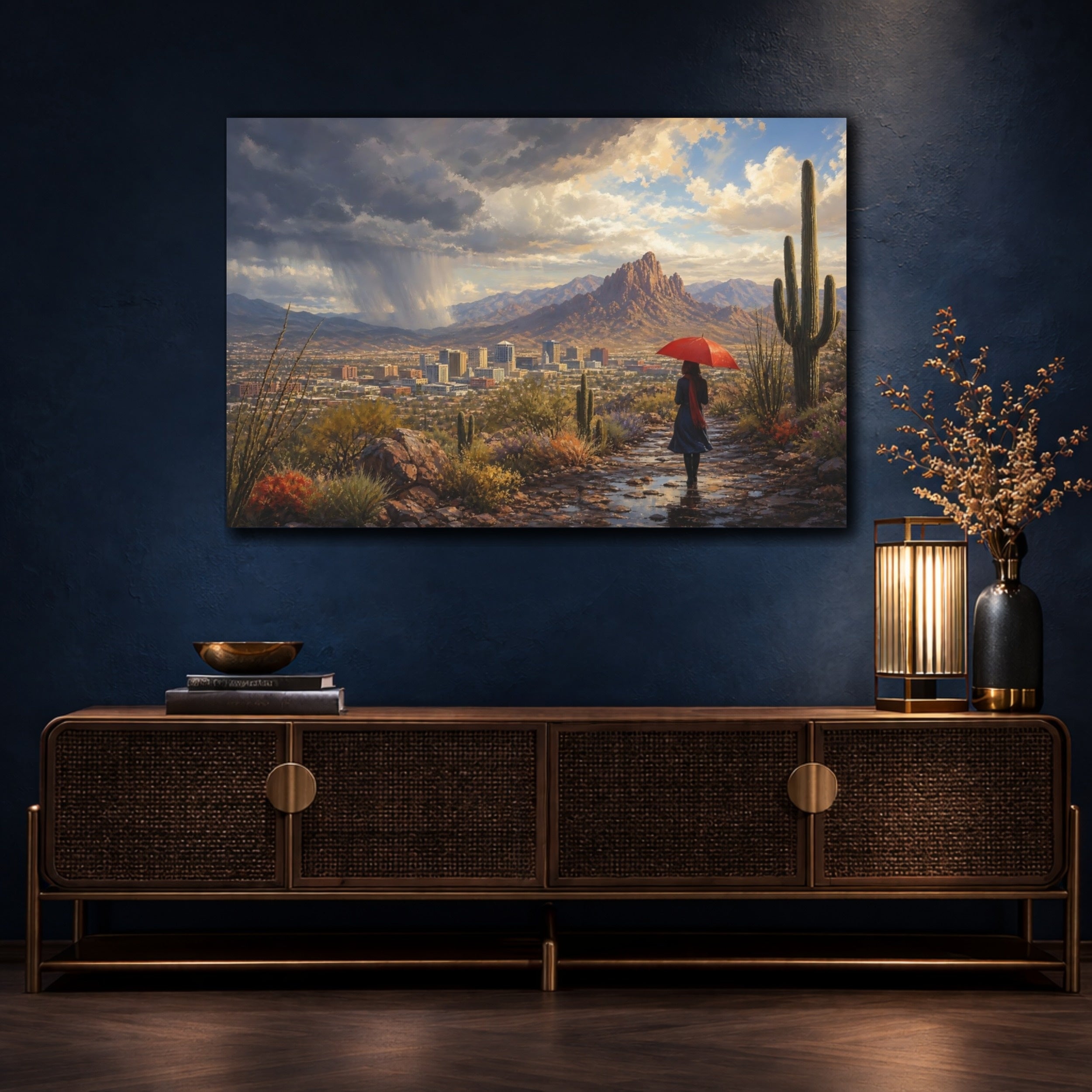 Mockup 4. Nature Desert Landscape Desert Red Umbrella shown as stretched canvas wall art