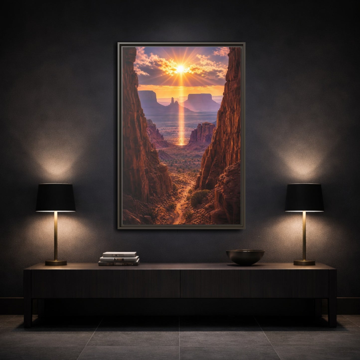 Mockup 3. Nature Desert Landscape Desert Sunset Canyon shown as stretched canvas wall art