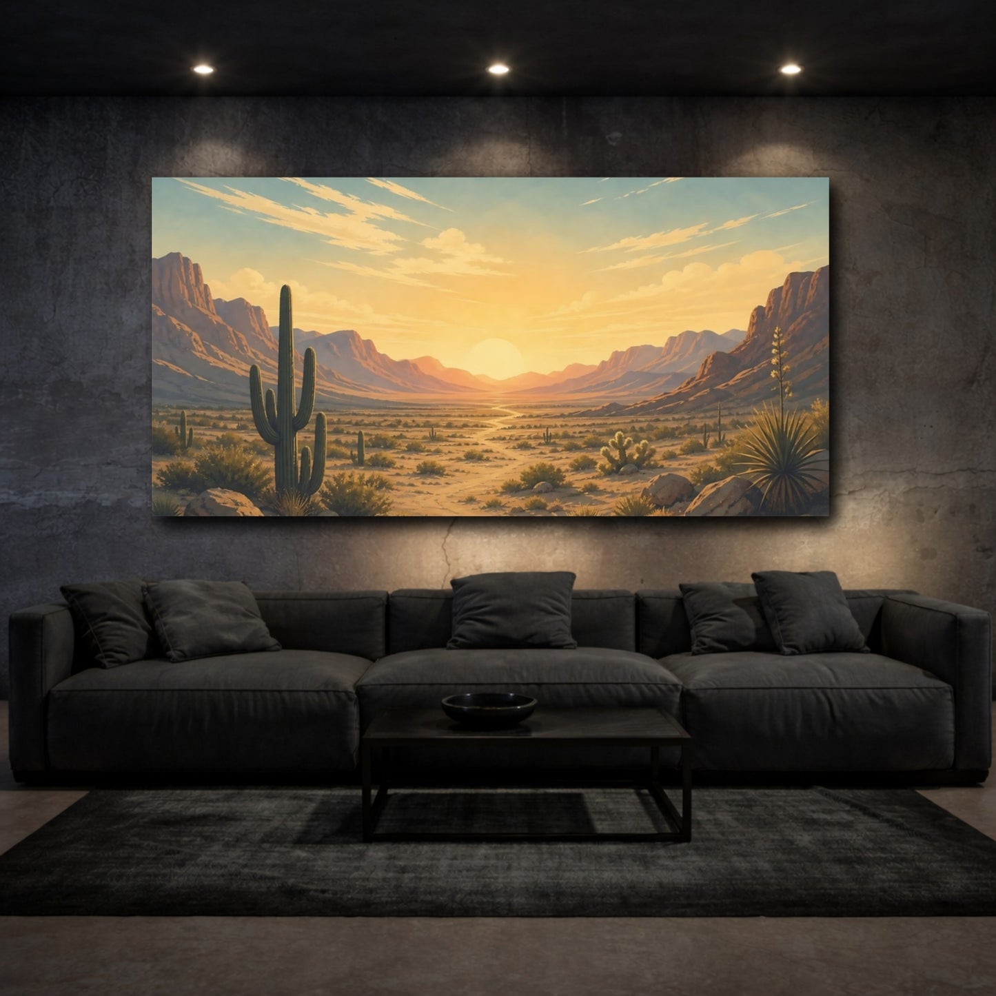 Mockup 3. Nature Desert Landscape Desert Sunset shown as stretched canvas wall art