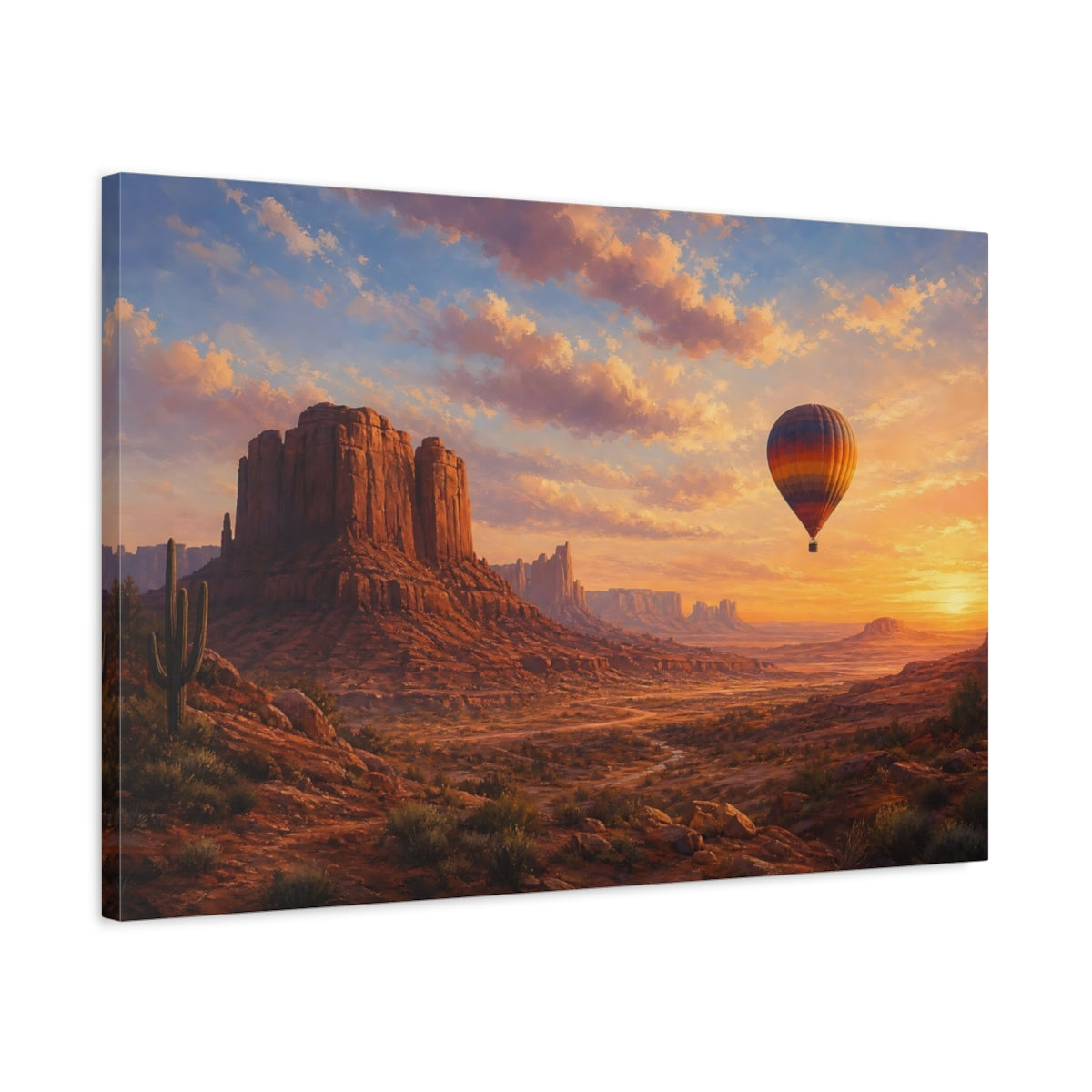 Side Mockup 2. Nature Desert Landscape Desert Hot Air Balloon shown as stretched canvas wall art