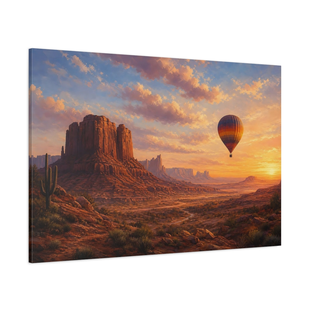 Side Mockup 1. Nature Desert Landscape Desert Hot Air Balloon shown as stretched canvas wall art