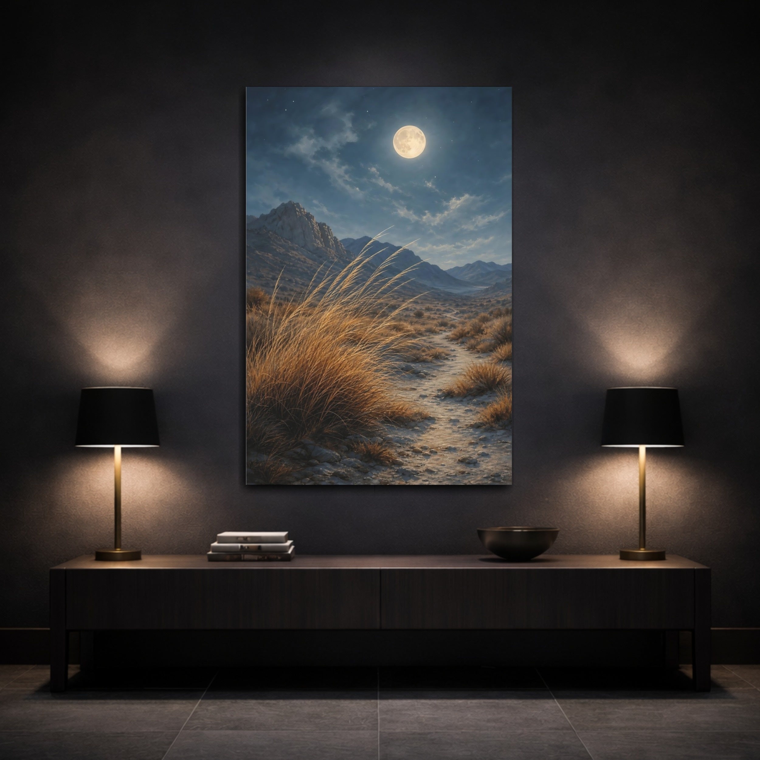 Mockup 3. Nature Desert Landscape Moonlit Desert shown as stretched canvas wall art
