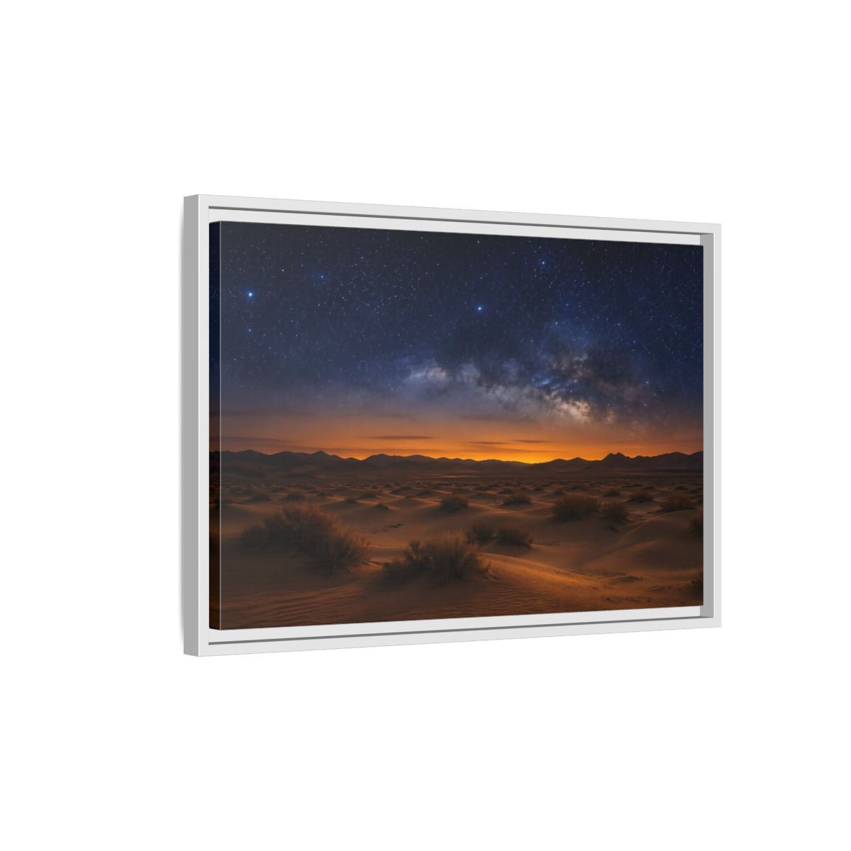 Side Mockup 1. Nature Desert Landscape Orange And Blue shown as stretched canvas wall art
