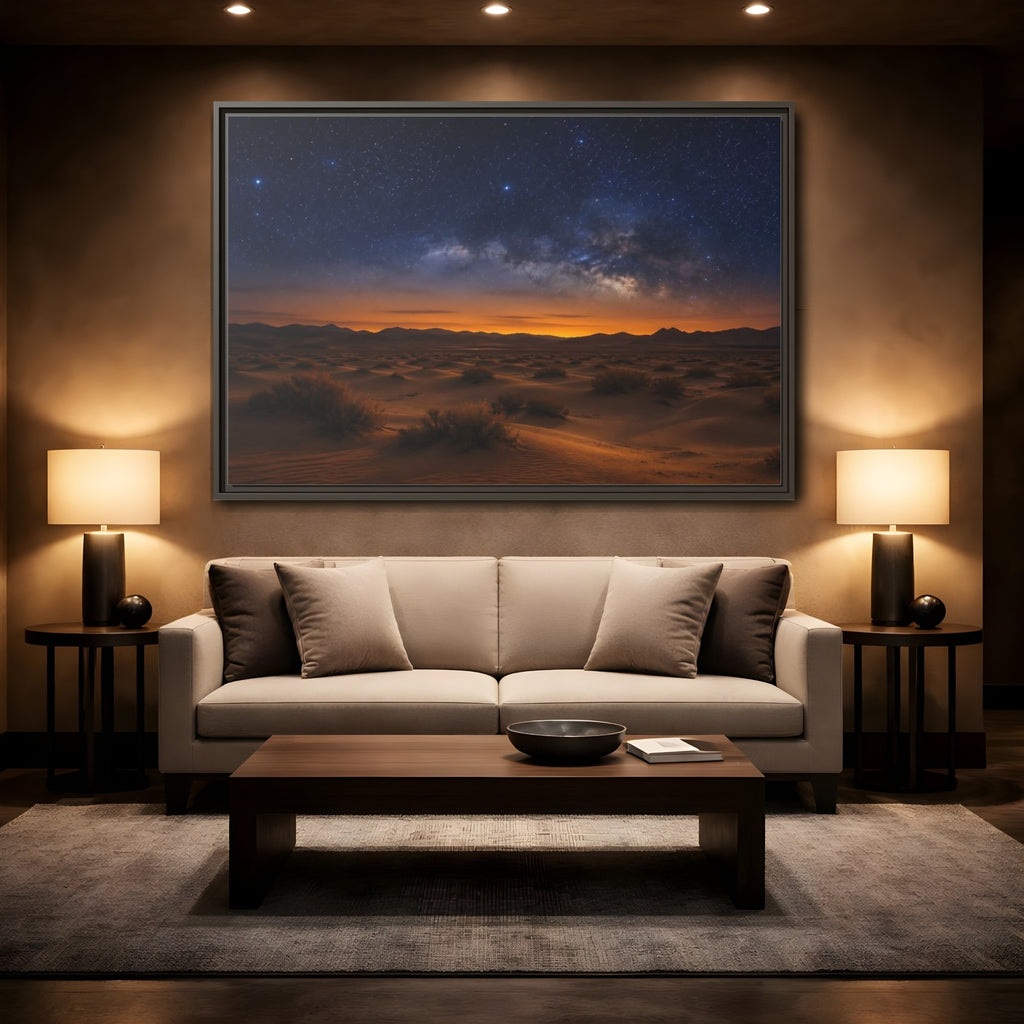 Mockup 2. Nature Desert Landscape Orange And Blue shown as stretched canvas wall art