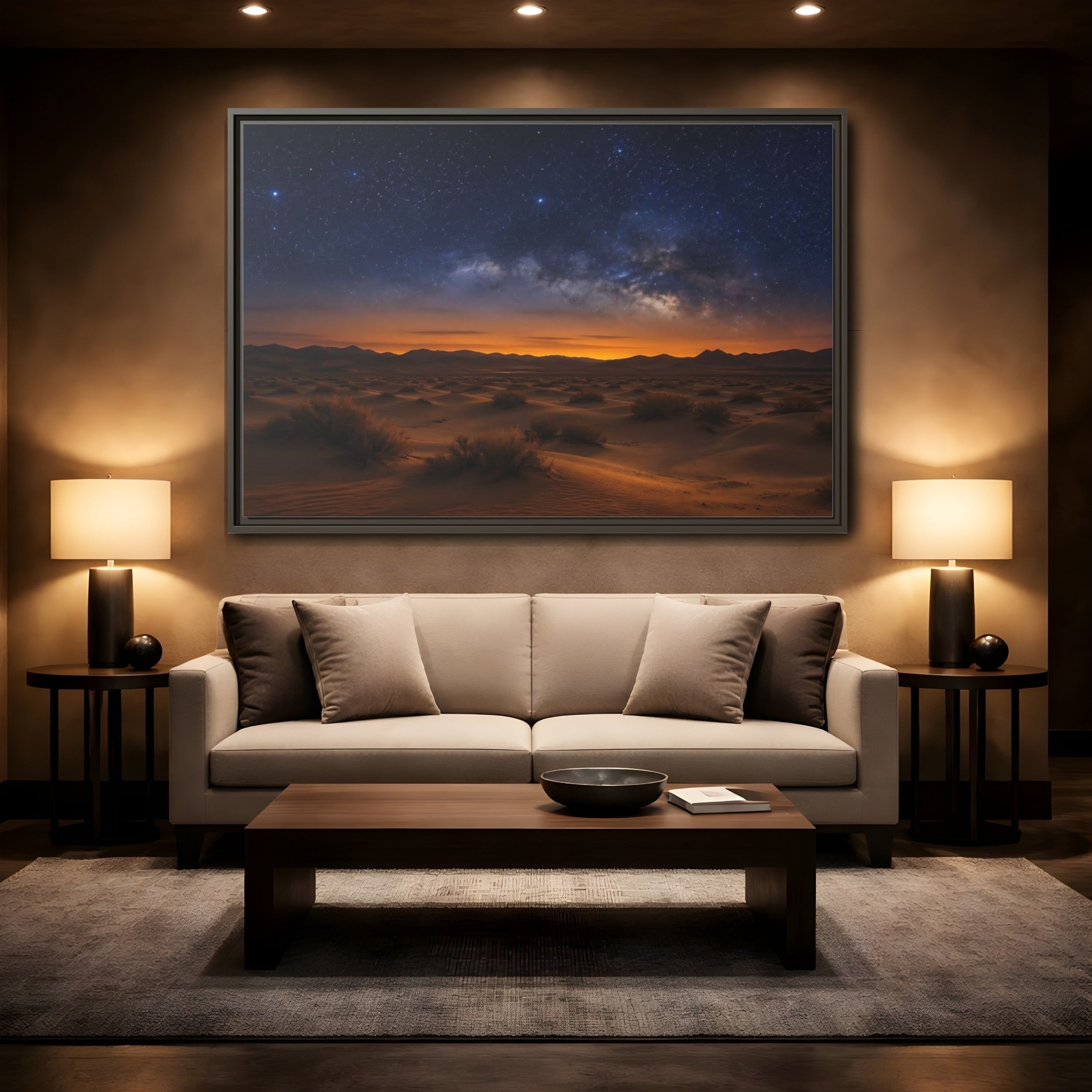 Mockup 2. Nature Desert Landscape Orange And Blue shown as stretched canvas wall art
