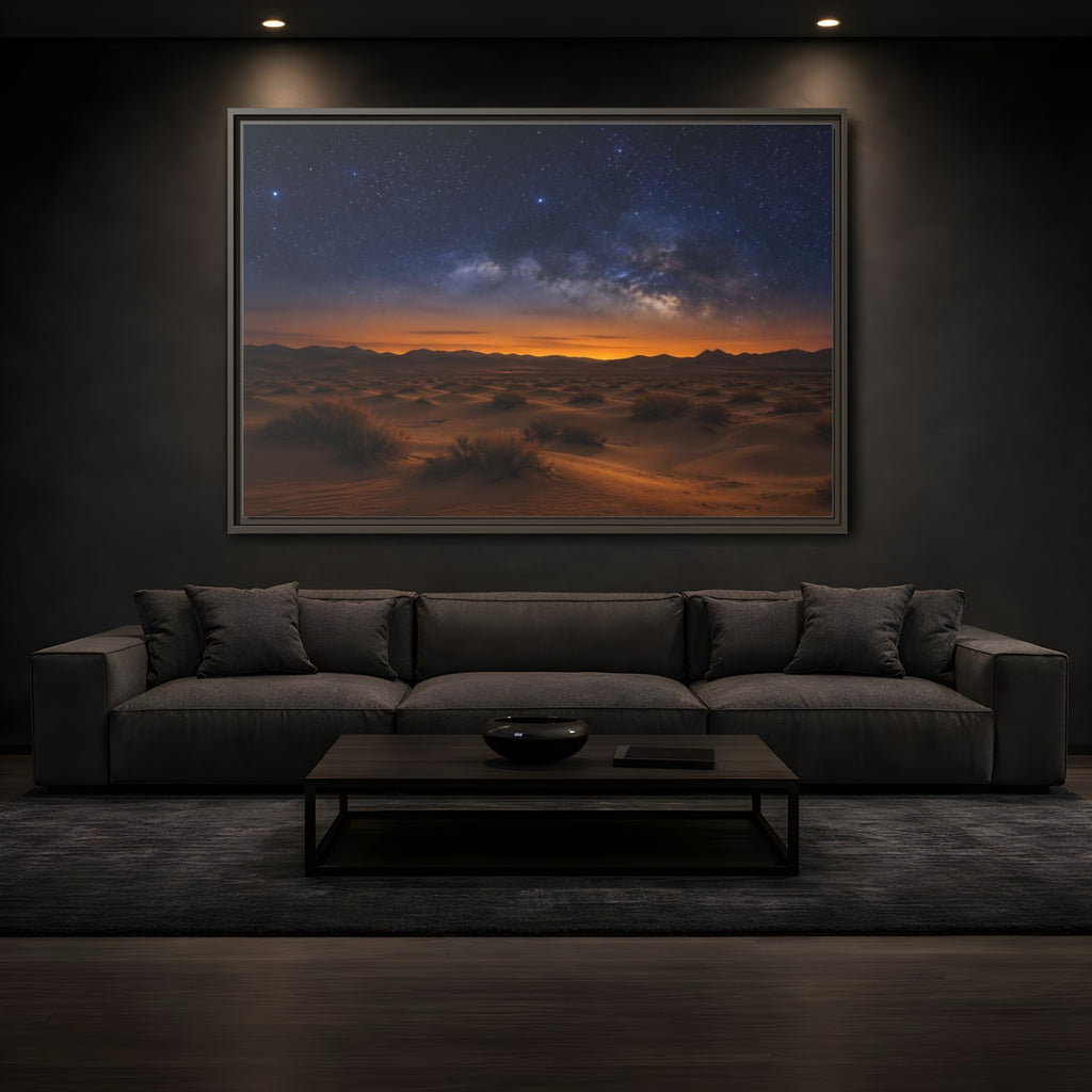 Mockup 3. Nature Desert Landscape Orange And Blue shown as stretched canvas wall art