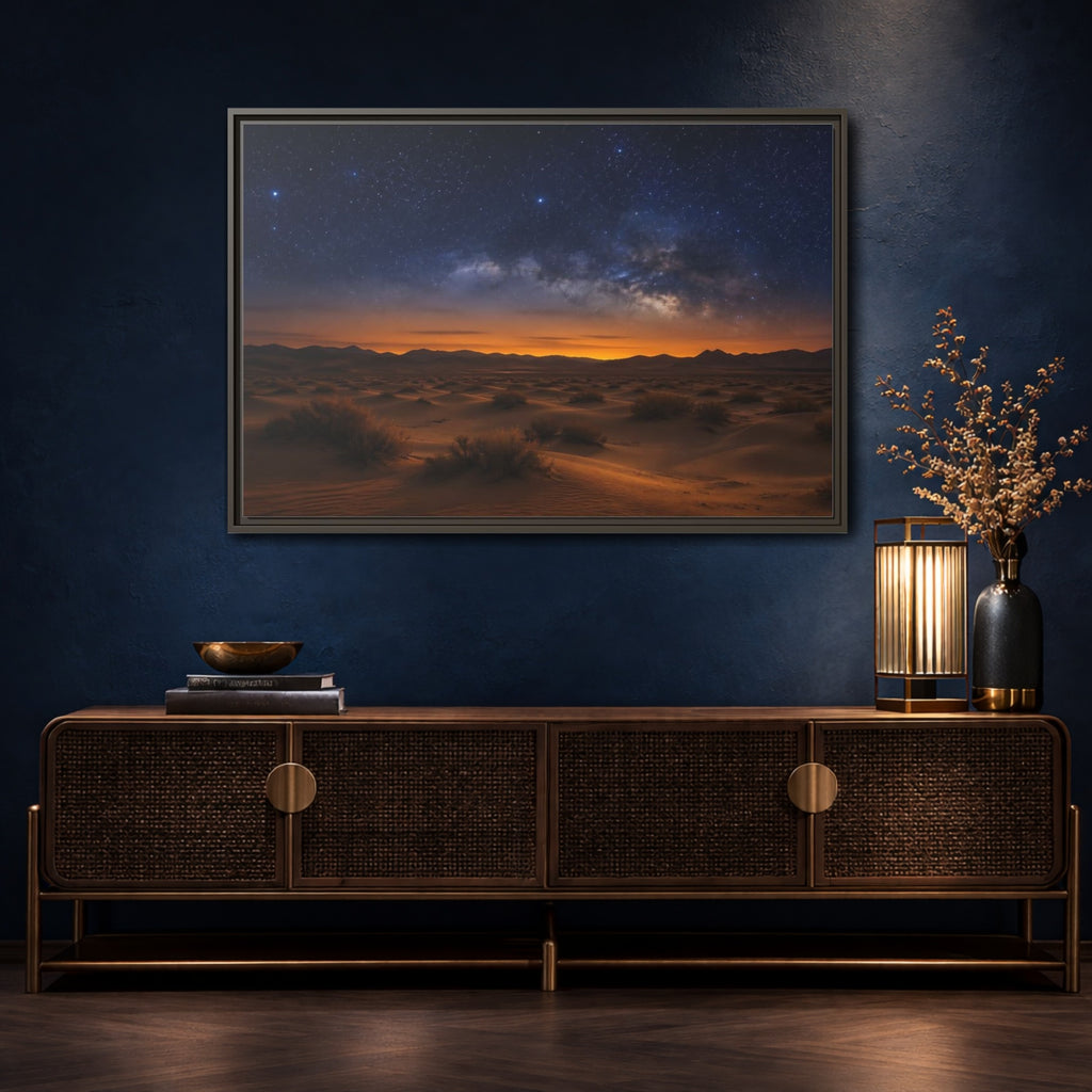 Mockup 4. Nature Desert Landscape Orange And Blue shown as stretched canvas wall art