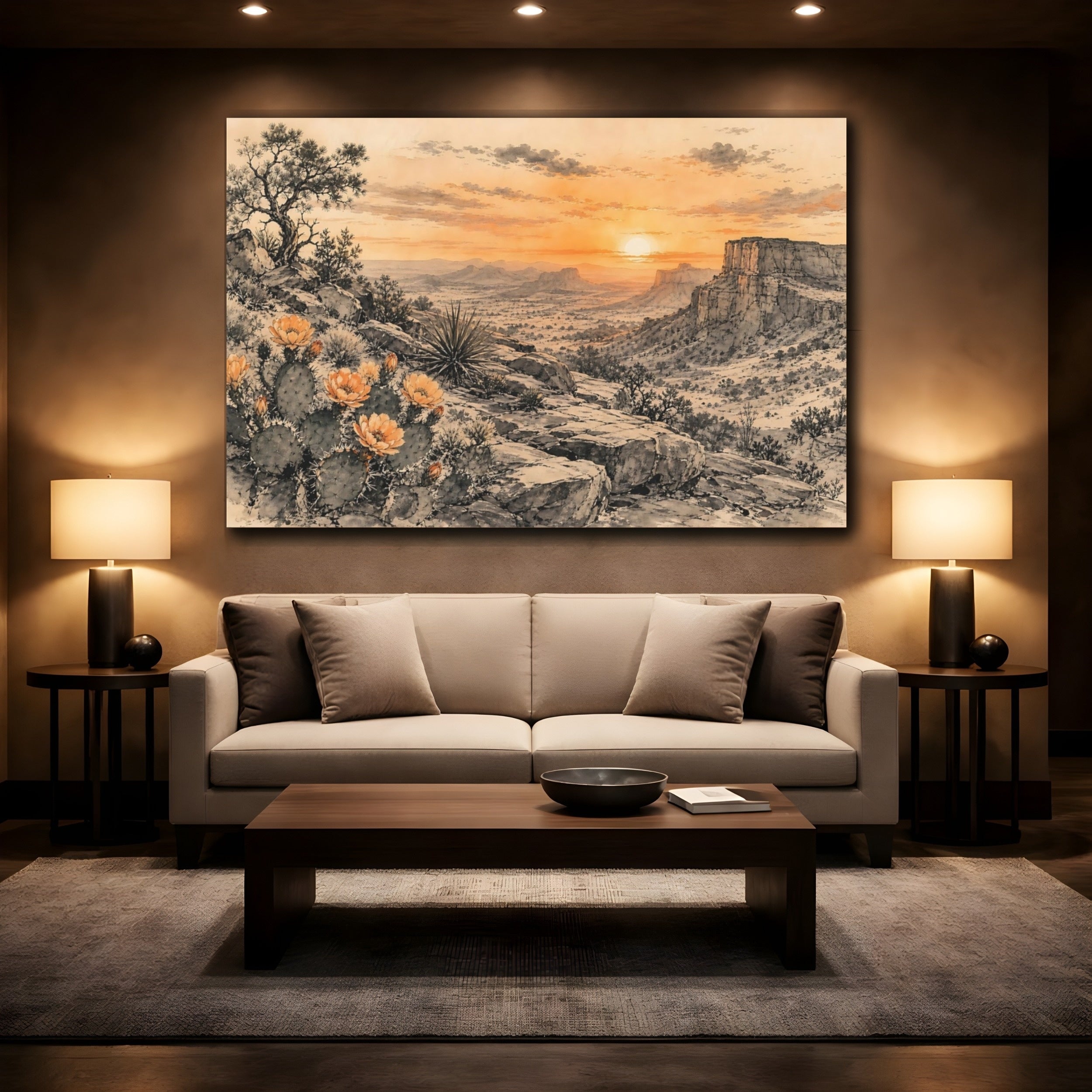 Mockup 2. Nature Desert Landscape Orange Desert Sunset shown as stretched canvas wall art