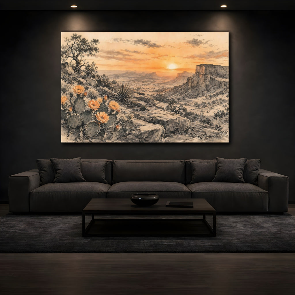 Mockup 3. Nature Desert Landscape Orange Desert Sunset shown as stretched canvas wall art